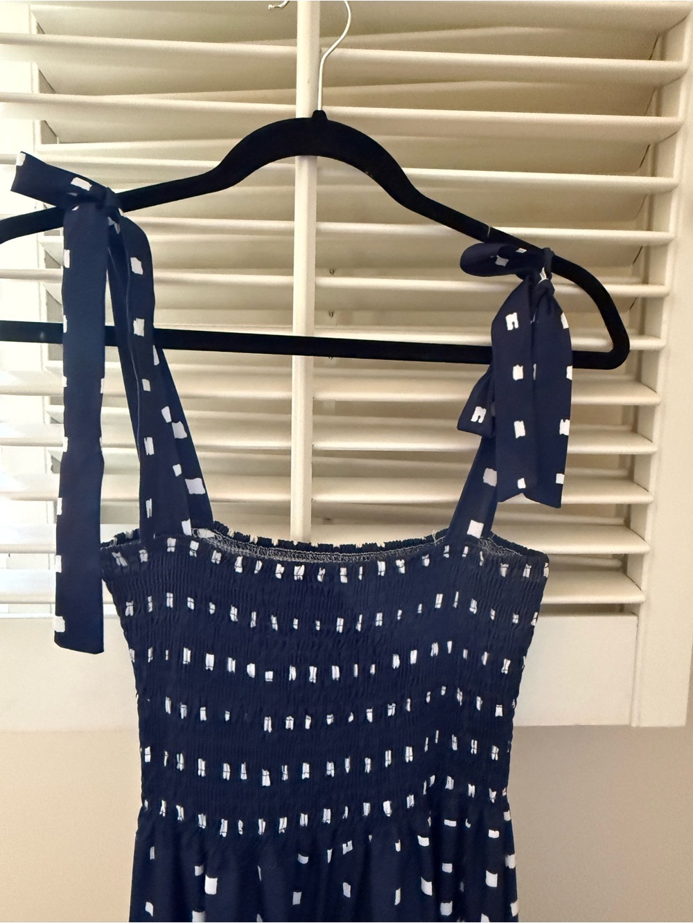 Smocked Navy Maxi Dress with White Square Print and Tie Straps - Picture 2 of 2